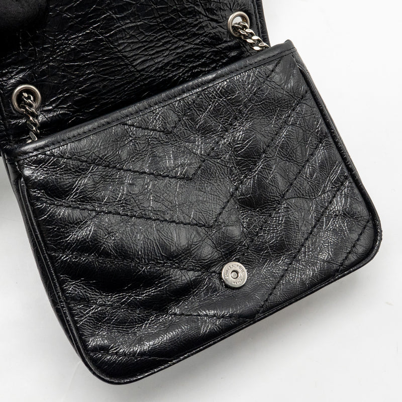 Saint Laurent / YSL Niki Chain Wallet Crinkled Calfskin Black SHW