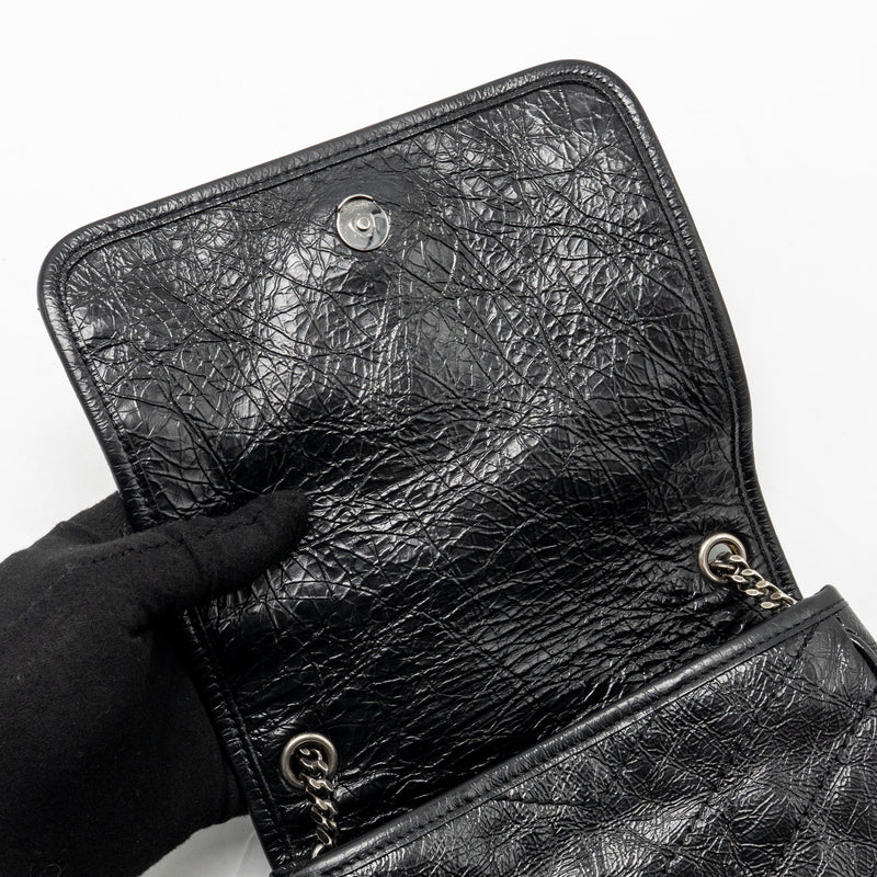 Saint Laurent / YSL Niki Chain Wallet Crinkled Calfskin Black SHW