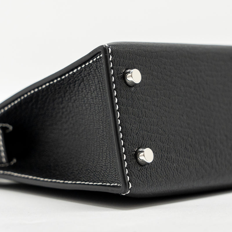 Hermes Mini Kelly II special order Chevre Mysore black / gris perle white stitching SHW stamp W
