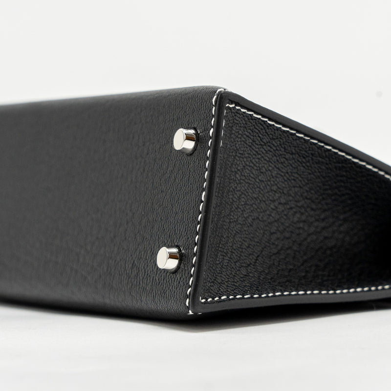 Hermes Mini Kelly II special order Chevre Mysore black / gris perle white stitching SHW stamp W