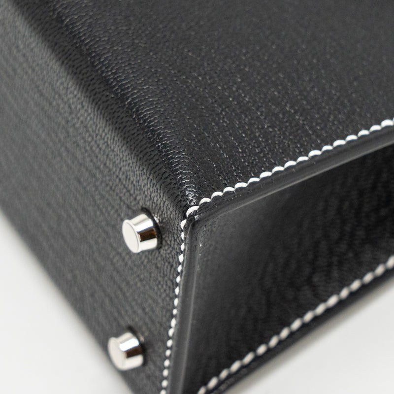 Hermes Mini Kelly II special order Chevre Mysore black / gris perle white stitching SHW stamp W
