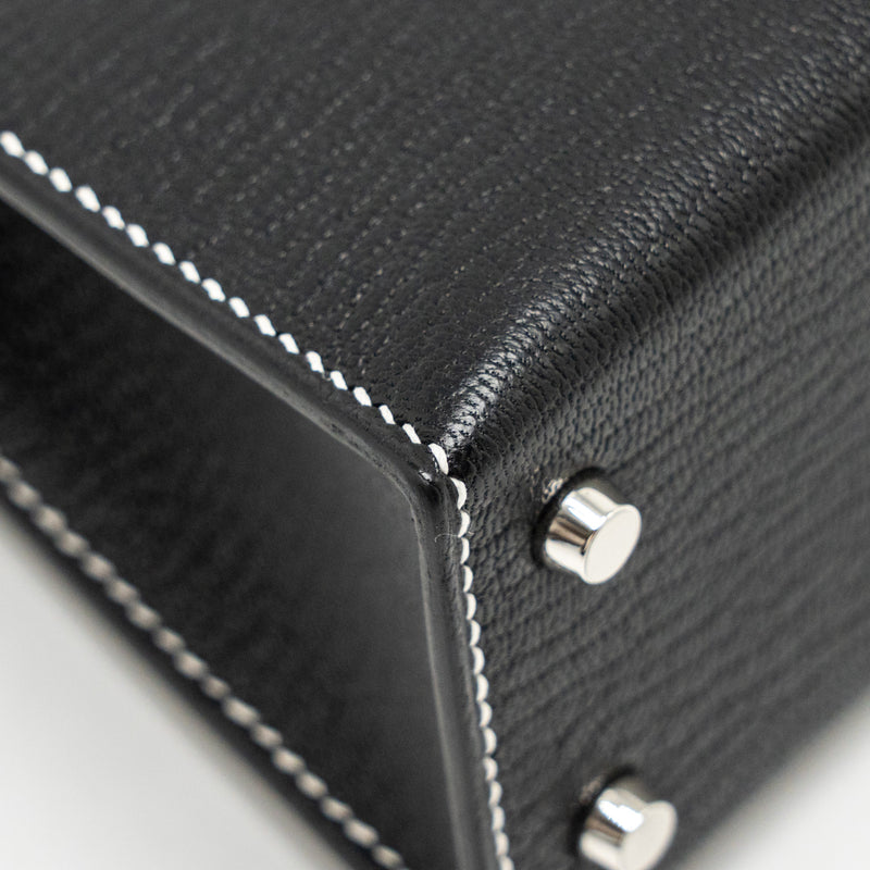 Hermes Mini Kelly II special order Chevre Mysore black / gris perle white stitching SHW stamp W