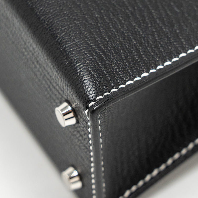 Hermes Mini Kelly II special order Chevre Mysore black / gris perle white stitching SHW stamp W