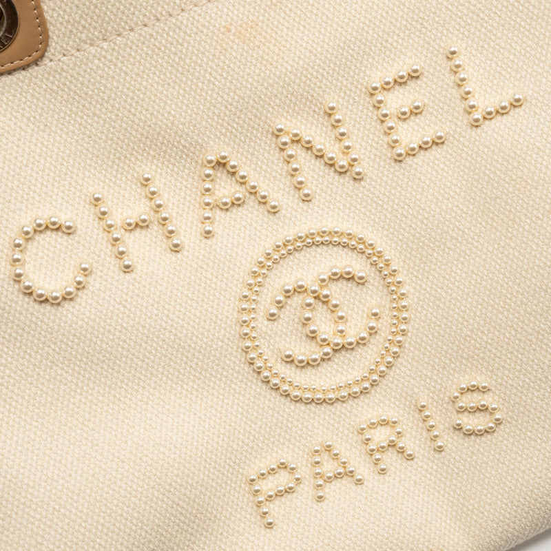 Chanel Deauville Tote Bag with Pearl Logo Fabric/Leather Creamy White/Beige LGHW