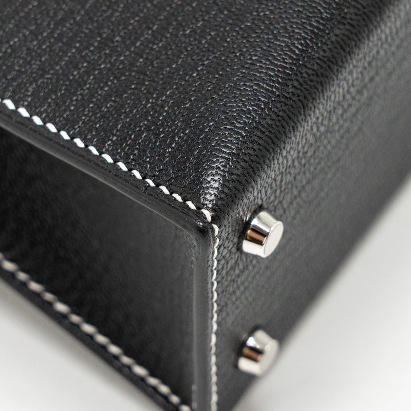 Hermes Mini Kelly II special order Chevre Mysore black / gris perle white stitching SHW stamp W