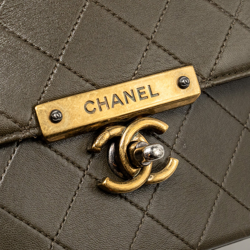 Chanel Quilted Messenger Flap Bag Lambskin Olive Green Multicolour Hardware