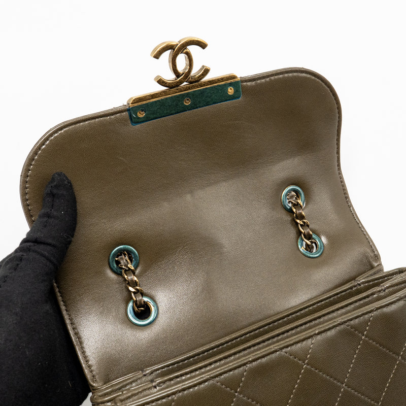 Chanel Quilted Messenger Flap Bag Lambskin Olive Green Multicolour Hardware