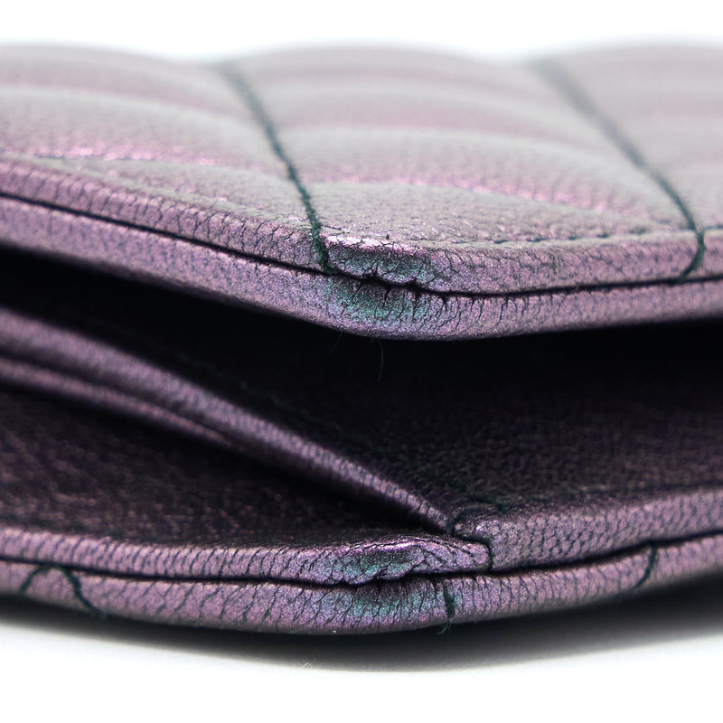 Chanel Compact Long Wallet Grained Calfskin Iridescent Purple Multicolour Hardware