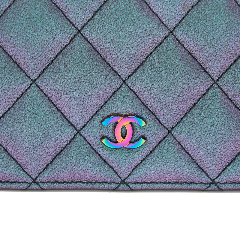 Chanel Compact Long Wallet Grained Calfskin Iridescent Purple Multicolour Hardware
