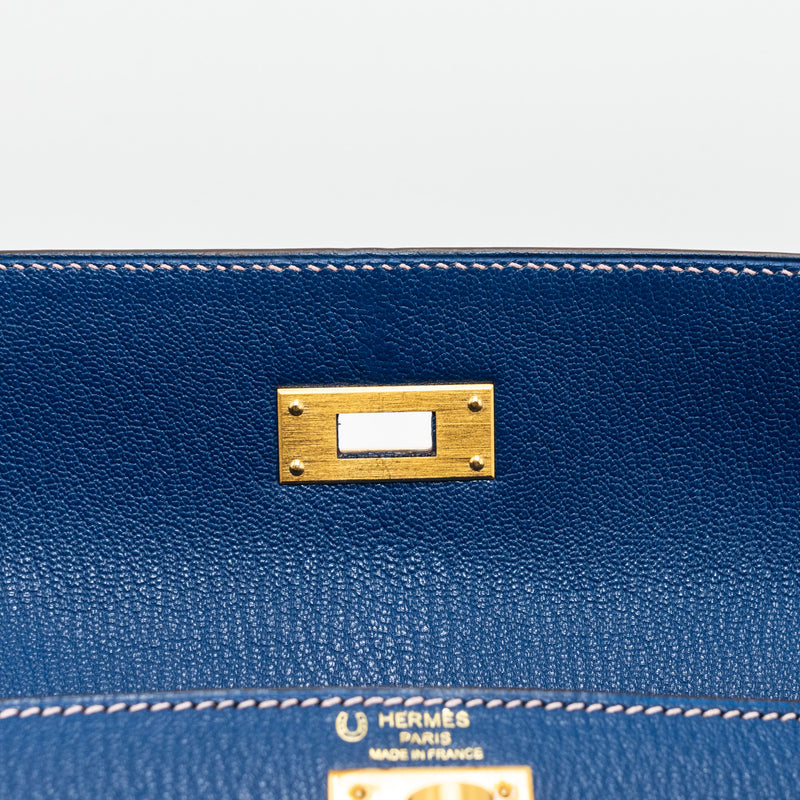 Hermes kelly 28 special order chevre mysore blue sapphire / rose sakura brushed GHW stamp C