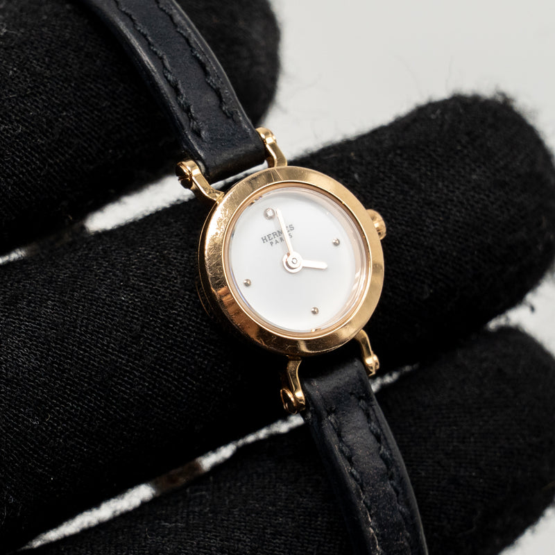 Hermes Faubourg Watch, Mini Model, 15mm Rose Gold/Diamond with Black Calfskin Strap