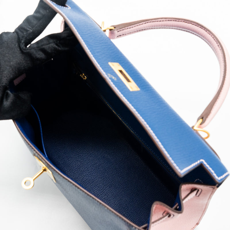 Hermes kelly 28 special order chevre mysore blue sapphire / rose sakura brushed GHW stamp C