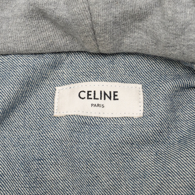 Celine Size M Hooded Trucker Denim Jacket Union Wash Denim Blue / Grey