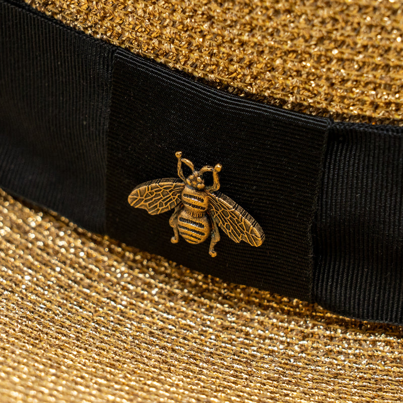Gucci Size S 56cm Bow and Metal Bee Detailed Lame Papier Hat Straw Effect Fabric Gold/Black