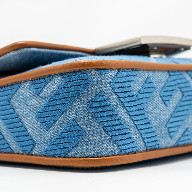 Fendi Mini Baguette Denim Light Blue FF Embroidery SHW