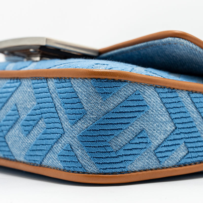 Fendi Mini Baguette Denim Light Blue FF Embroidery SHW