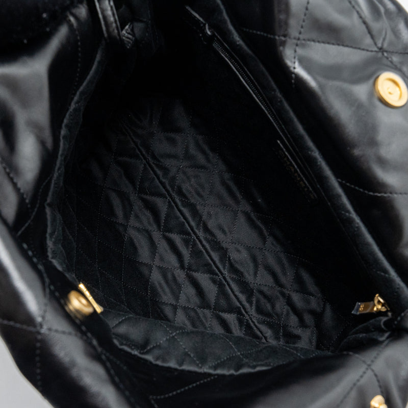 Chanel Small 22 Bag Gold Letter Shiny  Calfskin Black Brushed GHW (Microchip)