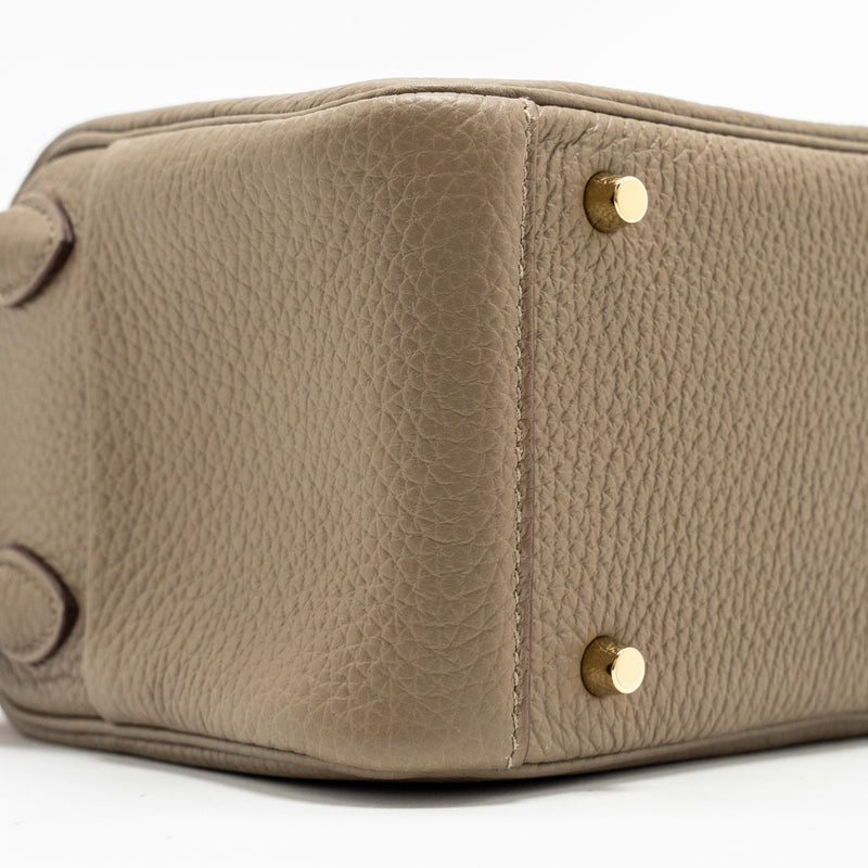 Hermes mini Lindy Clemence Etoupe with Chai-Nata-Blue Brume Strap GHW Stamp W