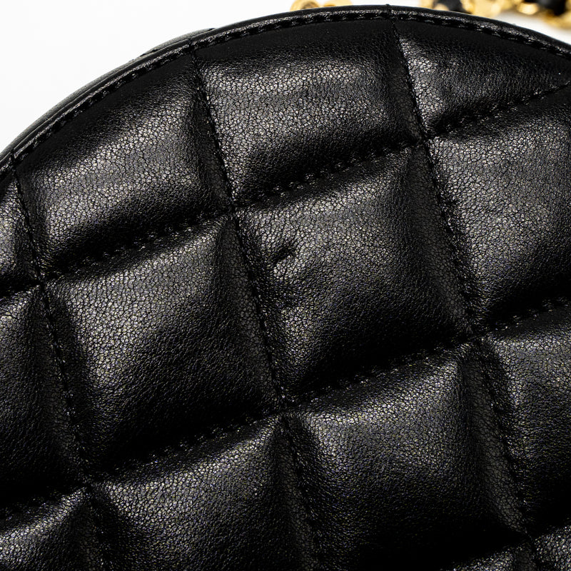 CHANEL Metallic Lambskin Quilted Round Vanity Case With Chain
