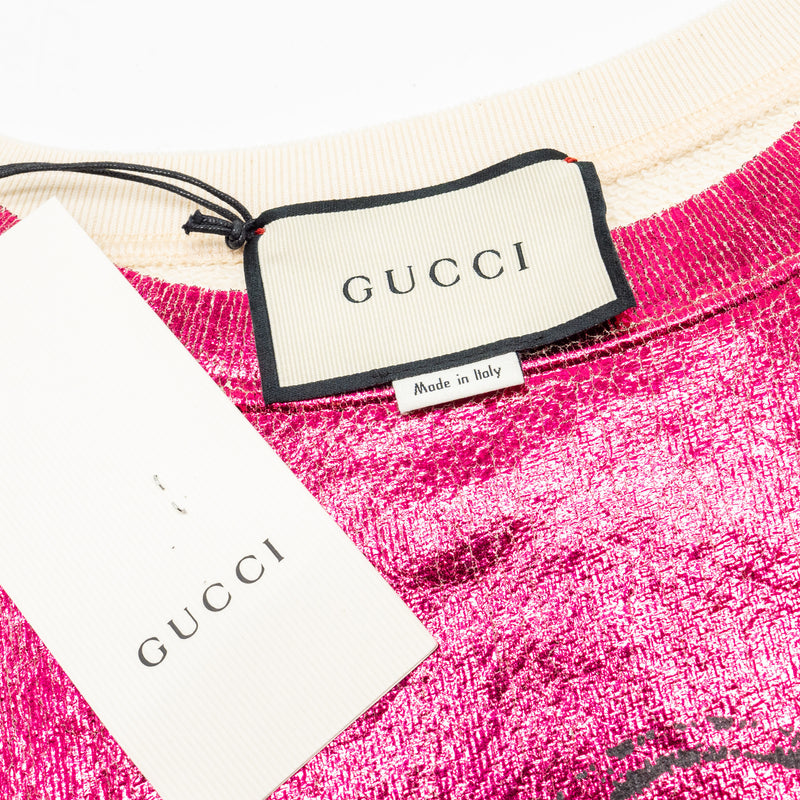 Gucci Size S Gucci Print and Blind for Love Embroidered Sweatshirt Cotton Metallic Dark Pink/White