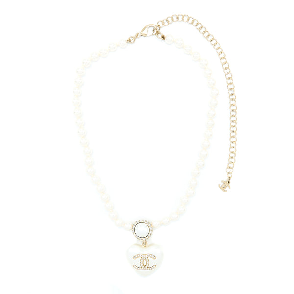 Chanel CC Logo Heart Necklace Pearl/Crystal Light Gold Tone