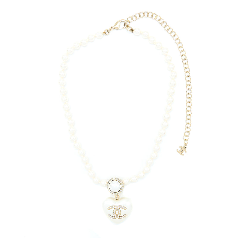 Chanel CC Logo Heart Necklace Pearl/Crystal Light Gold Tone