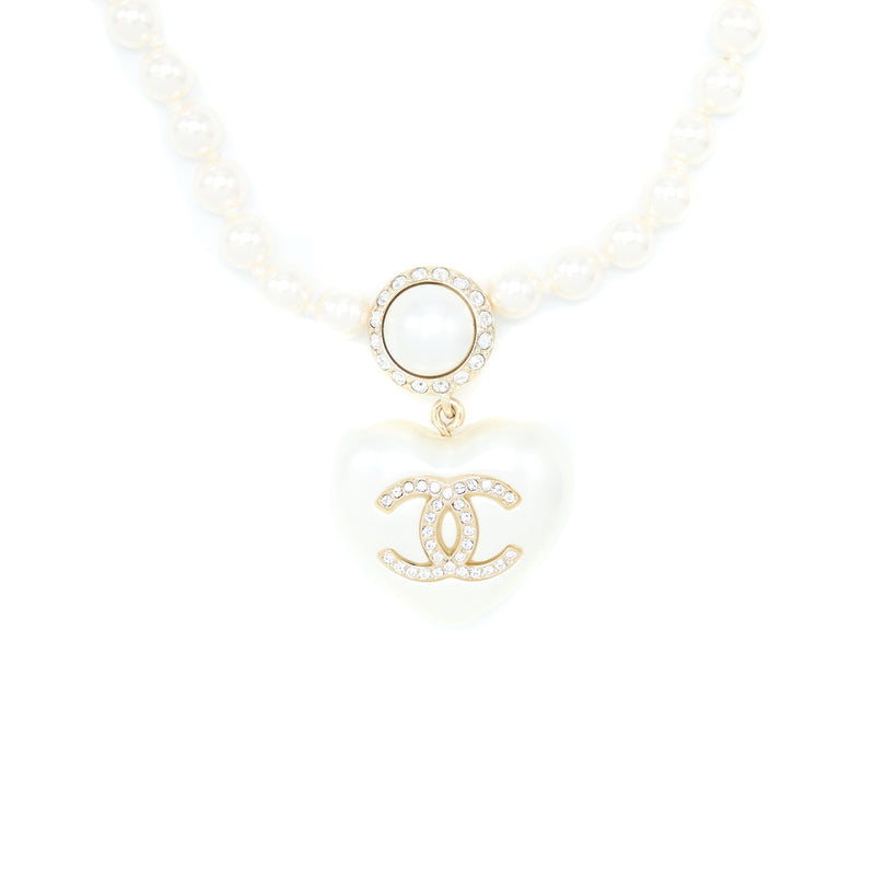 Chanel CC Logo Heart Necklace Pearl/Crystal Light Gold Tone