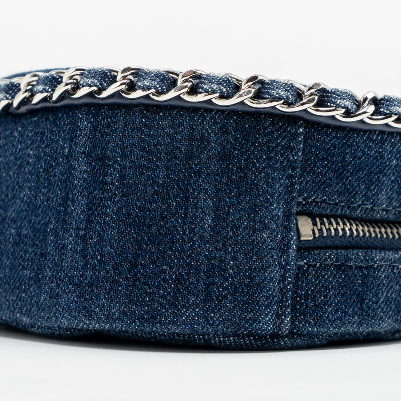 Chanel CC Quilted Round Clutch with Chain Denim Dark Blue SHW