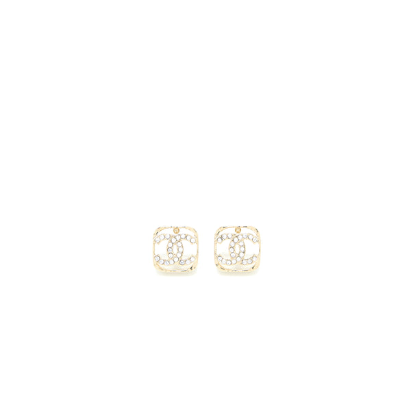 Chanel Square CC Logo Earring Crystal Light Gold Tone