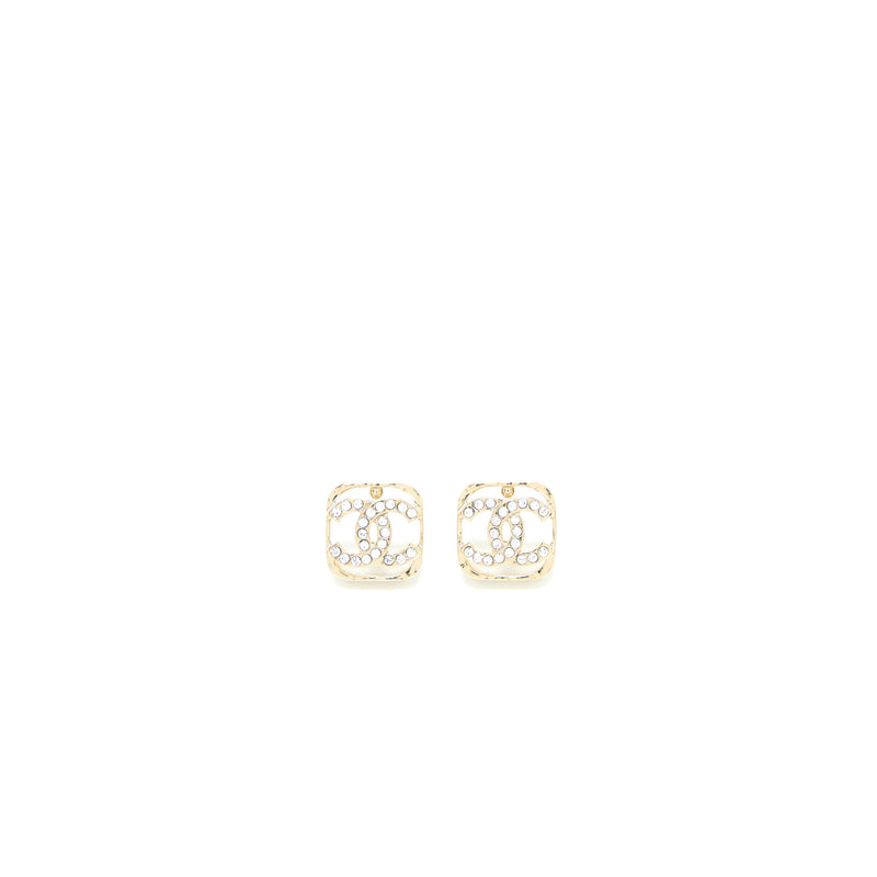 Chanel Square CC Logo Earring Crystal Light Gold Tone