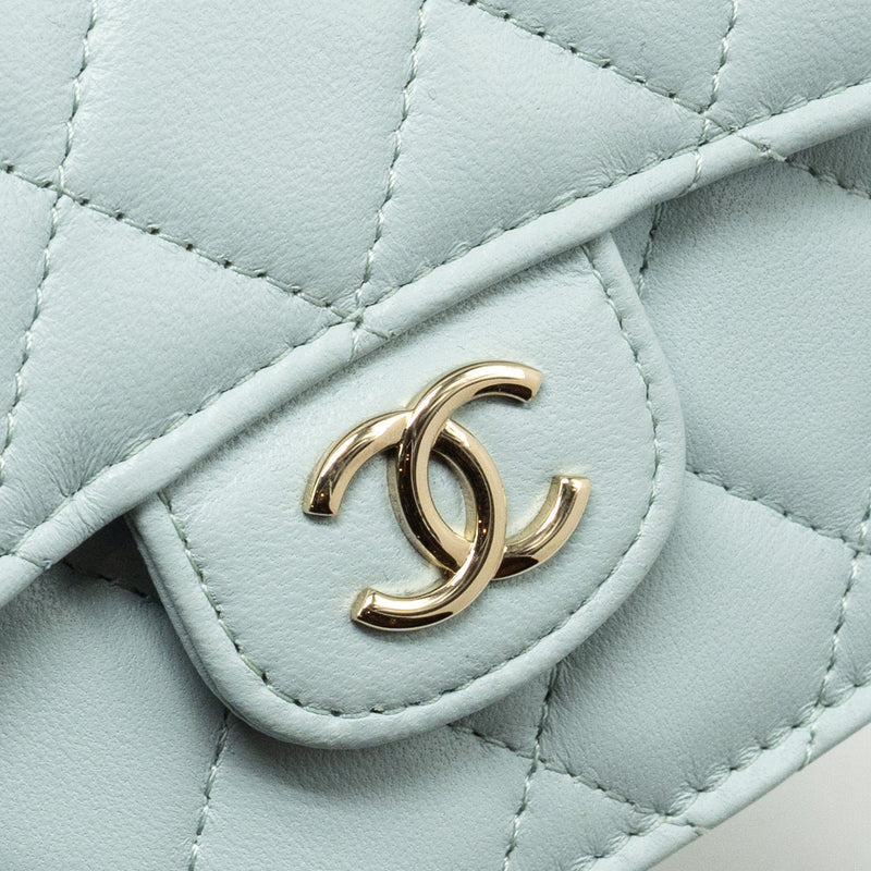 Chanel Top Handle Mini Flap Clutch with Chain Lambskin Light Blue LGHW