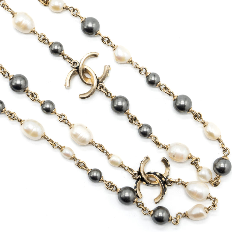Chanel CC Logo Long Necklace with pearl light gold tone