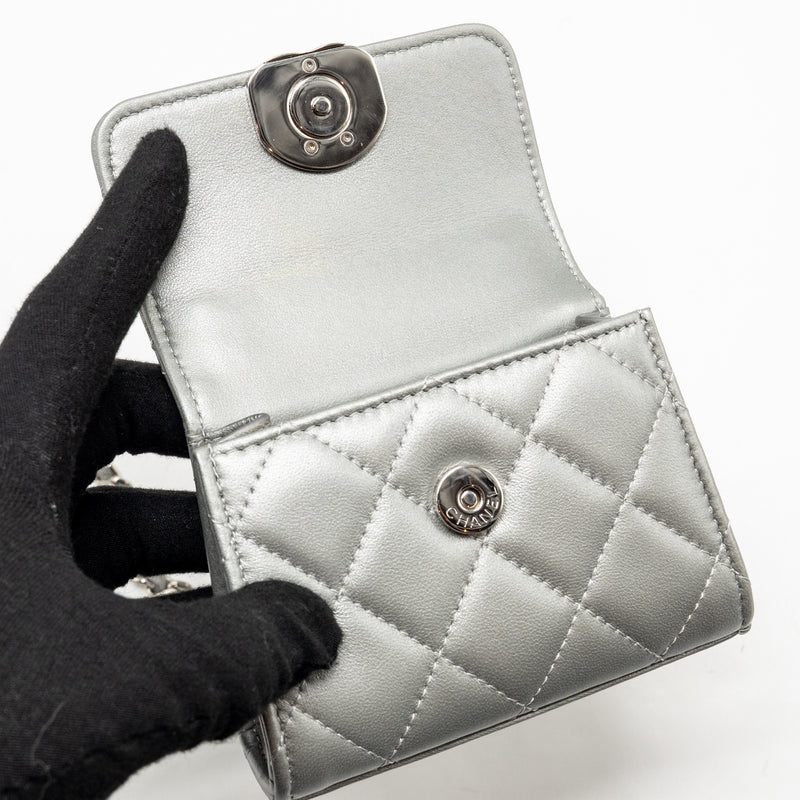 Chanel Top handle mini flap bag with chain lambskin silver SHW (microchip)