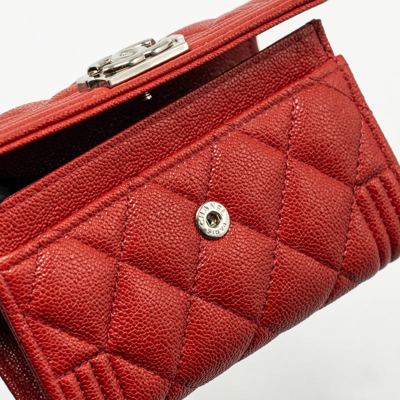 CHANEL Boy Flap Card Holder Caviar Red SHW