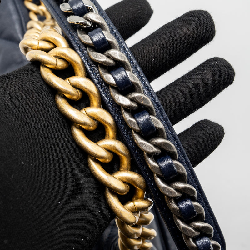 Chanel Large 19 Bag 30cm Lambskin Navy Multicolour Hardware