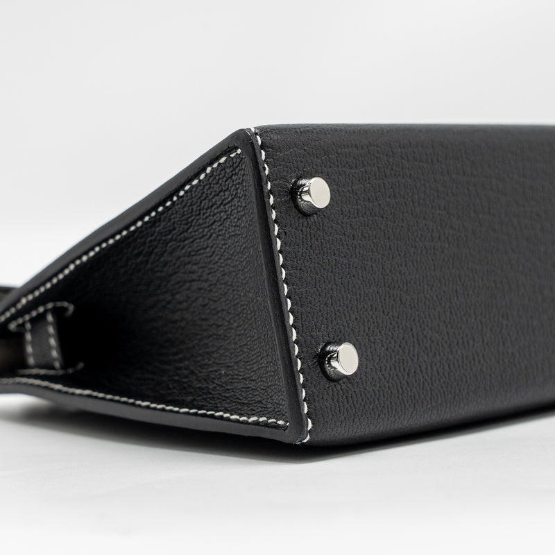Hermes Mini Kelly II Special Order Chèvre Mysore Black/Gris Perle White Stitching SHW Stamp W