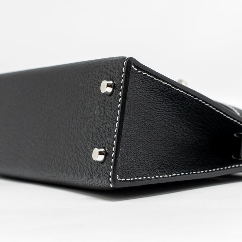 Hermes Mini Kelly II Special Order Chèvre Mysore Black/Gris Perle White Stitching SHW Stamp W