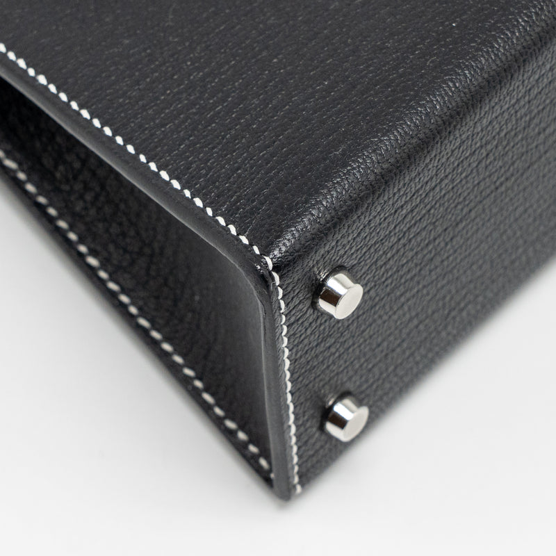 Hermes Mini Kelly II Special Order Chèvre Mysore Black/Gris Perle White Stitching SHW Stamp W