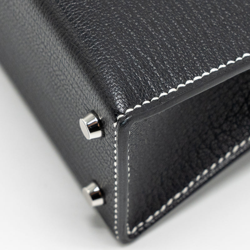 Hermes Mini Kelly II Special Order Chèvre Mysore Black/Gris Perle White Stitching SHW Stamp W