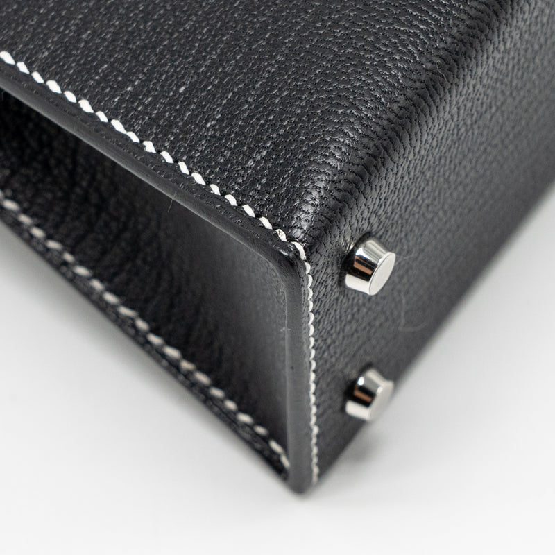 Hermes Mini Kelly II Special Order Chèvre Mysore Black/Gris Perle White Stitching SHW Stamp W