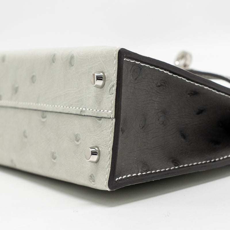 Hermes Mini Kelly II Special Order Ostrich Gris Perle / Graphite SHW Stamp W