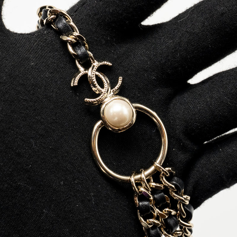 Chanel CC Leather Chain with Pearl Waist Chain Belt Black Light Gold Tone