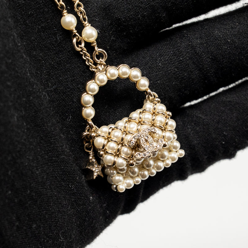 Chanel Mini Pearl Bag Necklace Light Gold Tone