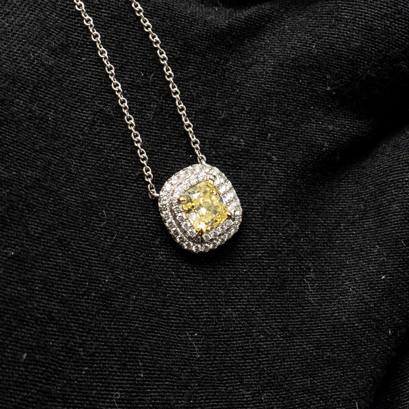 Tiffany One Cushion Diamonds Pendant Platinum/Gold 0.88ct, FI Yellow Colour VS2