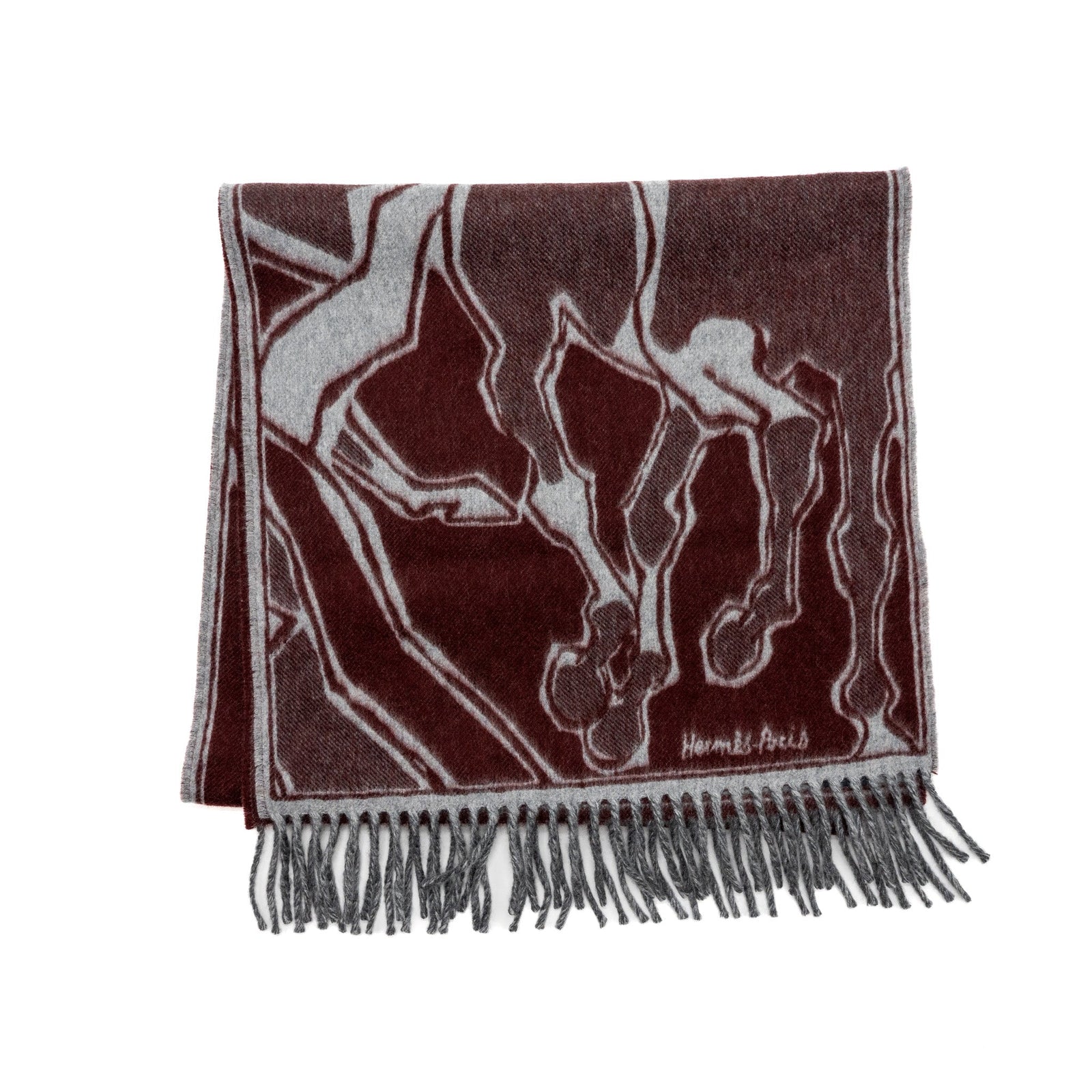 エルメス HERMES *4107 MUFFLER Hermes La Danse Des Chevaux Muffler Cashmere Bordeaux/ Gris Moyen/ Gri