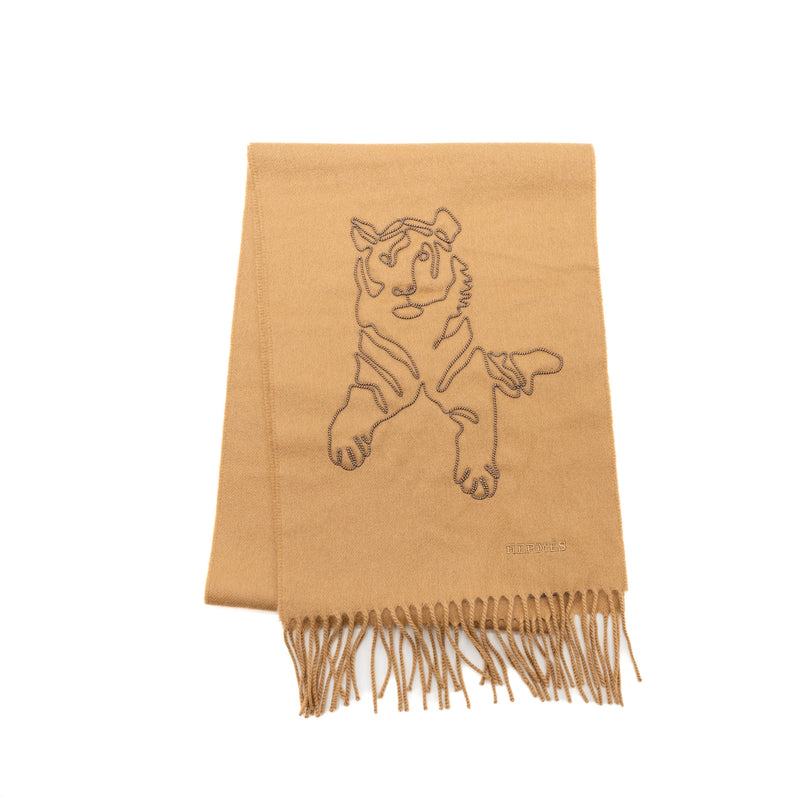 Hermes Tiger Royal Brode Muffler Cashmere Light Brown