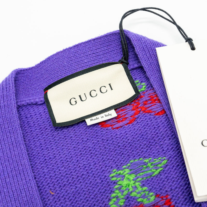 Gucci Size S GG Cherry Intarsia Knit Cardigan Wool Purple