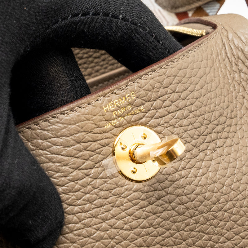 Hermes mini Lindy Clemence Etoupe with Chai-Nata-Blue Brume Strap GHW Stamp W