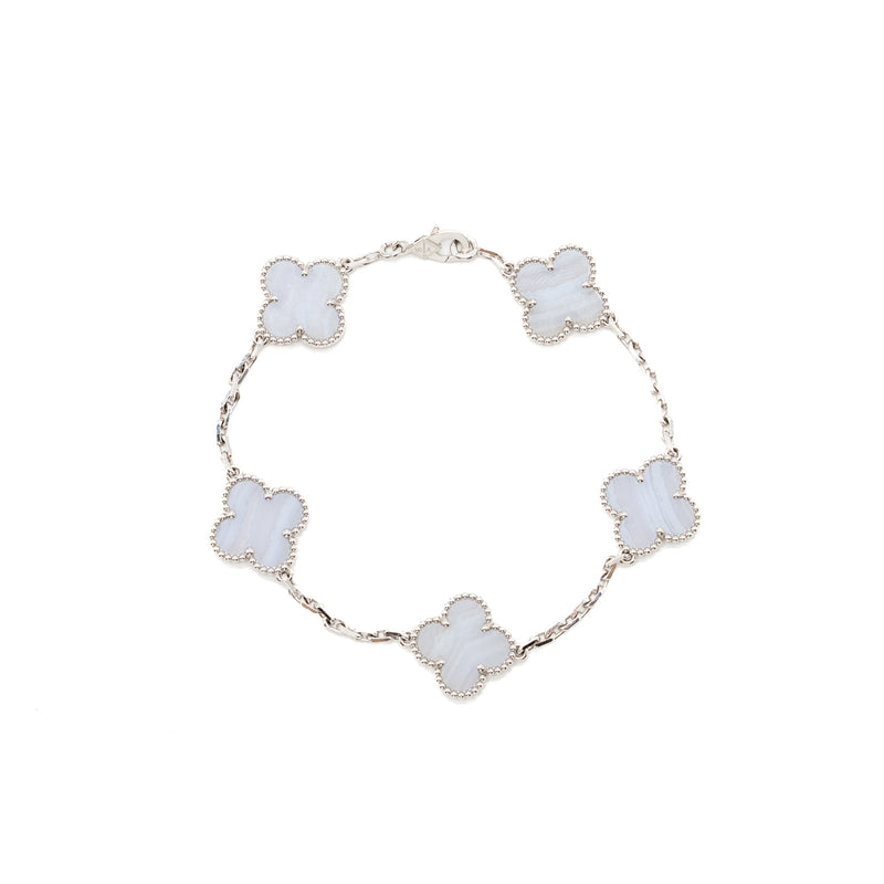 Van Cleef&Arpels Vintage Alhambra Bracelet, 5 Motifs 18k White Gold, Chalcedony