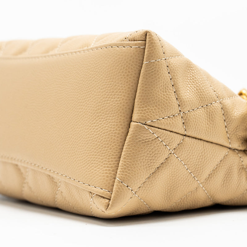 Chanel CC Logo Quilted Mini Clutch with Chain Caviar Beige GHW (Microchip)